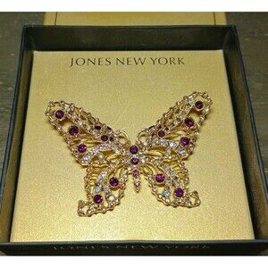 Jones New York Gold Tone Purple Pink AB Clear Rhinestone Butterfly Brooch Pin